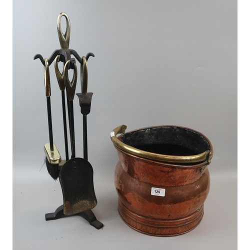 125 - Copper coal bucket together with companion set
