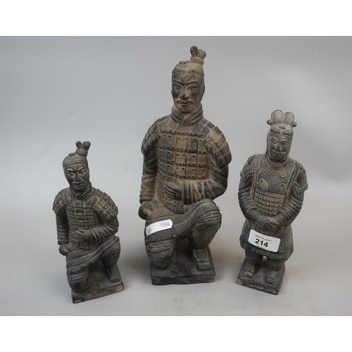 214 - Set of 3 Chinese terracotta warriors - Approx height of tallest: 29cm