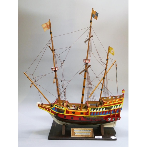 310 - Scratch built model of ship - The Golden Hind - Approx height: 73cm