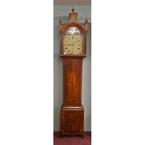 369 - Antique inlaid mahogany grandfather clock with painted face and 8 day movement