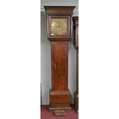 370 - Antique oak grandfather clock with brass face and 8 day movement by J Dumvile, Alderney