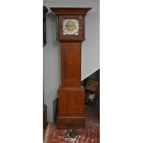 372 - Antique oak grandfather clock with brass face and 30 hour movement