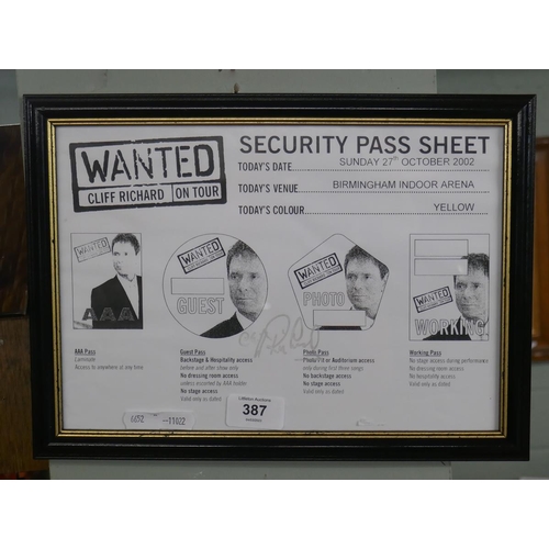 387 - Original security pass sheet from dressing room door signed by Cliff Richard from Wanted tour 2002