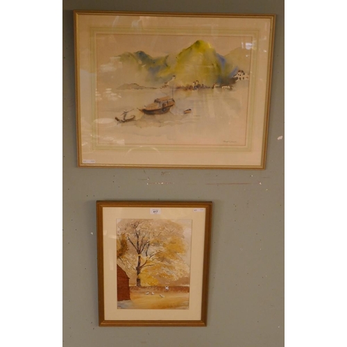 417 - 2 watercolours to include an Oriental coastal scene - Signed Janet Clasper