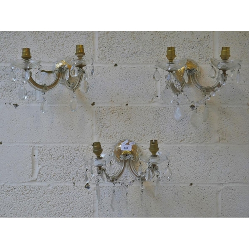 435 - 3 vintage crystal glass wall sconces