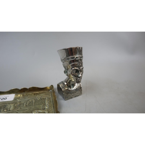 100 - Brass pin tray, white metal incense burner together with a white metal pharaoh bust