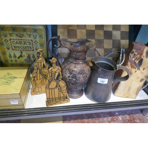 152 - Collection of woodenware and metalware to include chess board