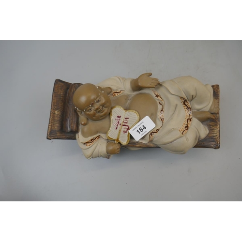 184 - Signed Chinese mud man - Buddha on rocking chair