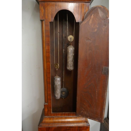 369 - Antique inlaid mahogany grandfather clock with painted face and 8 day movement