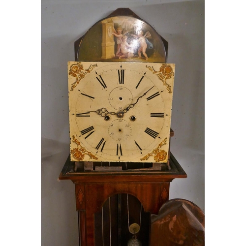 369 - Antique inlaid mahogany grandfather clock with painted face and 8 day movement