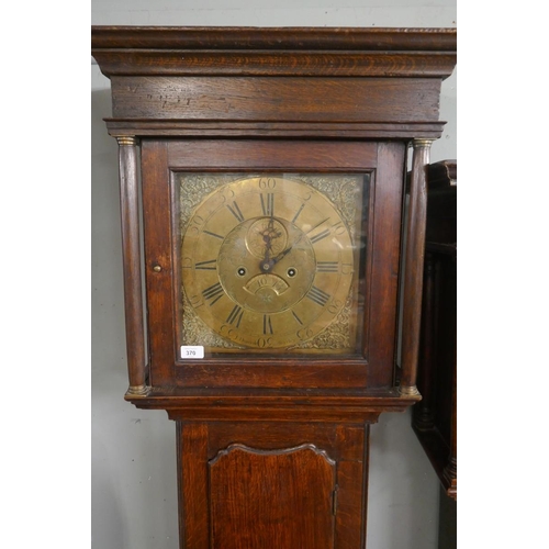 370 - Antique oak grandfather clock with brass face and 8 day movement by J Dumvile, Alderney