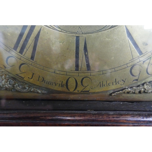 370 - Antique oak grandfather clock with brass face and 8 day movement by J Dumvile, Alderney