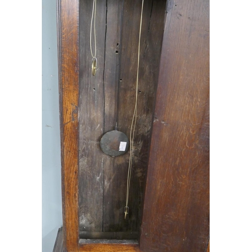 370 - Antique oak grandfather clock with brass face and 8 day movement by J Dumvile, Alderney