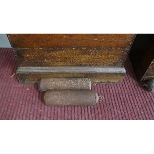 370 - Antique oak grandfather clock with brass face and 8 day movement by J Dumvile, Alderney