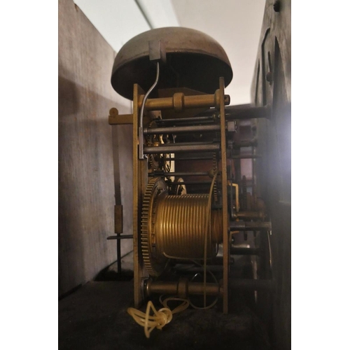 370 - Antique oak grandfather clock with brass face and 8 day movement by J Dumvile, Alderney