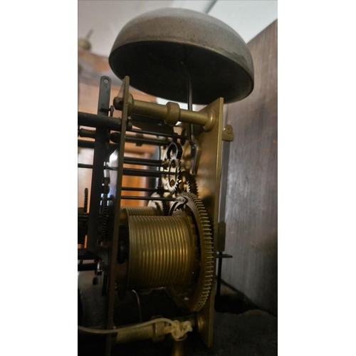 370 - Antique oak grandfather clock with brass face and 8 day movement by J Dumvile, Alderney