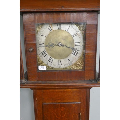 372 - Antique oak grandfather clock with brass face and 30 hour movement