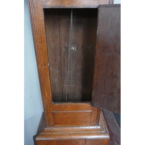 372 - Antique oak grandfather clock with brass face and 30 hour movement