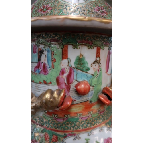 411 - Oriental Famille Rose lidded vase on wooden stand with some restoration - Approx height: 67cm