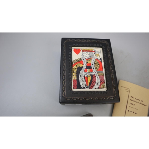 86 - Vintage wooden playing card bridge set box embroidered with King of Hearts