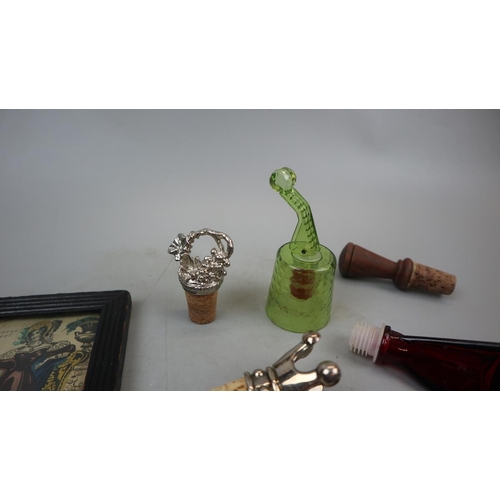 91 - Collection of novelty bottle stoppers together with 2 small prints