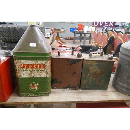 157 - Large Agri Castrol tin together with 2 vintage petrol cans