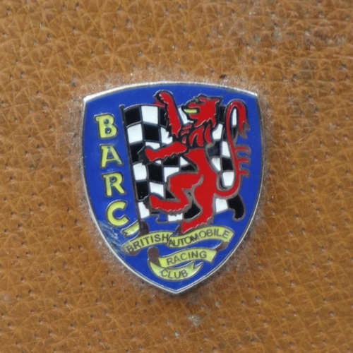 11 - BARC hip flask and car badge together with a National Motoring Association badge