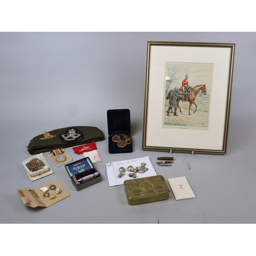 116 - Collection of military items to include Christmas tin, medals, badges etc.