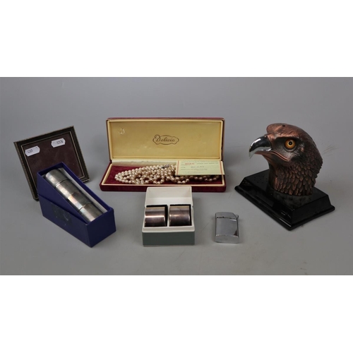 120 - Collectables to include eagle head lighter, pearls, picture frame etc