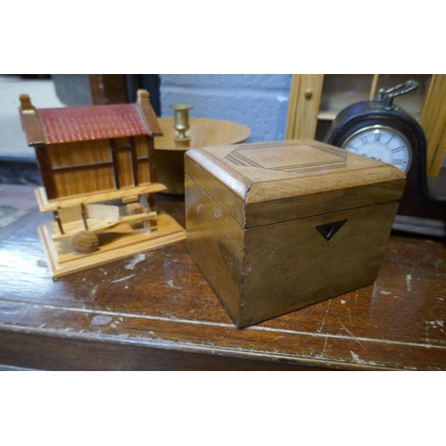 134 - Collection of wooden items including boxes and mantel clock