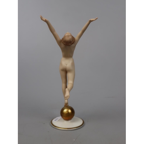 144 - Art Deco porcelain nude figure on a gold ball from Hutschenreuther - Approx height: 22cm