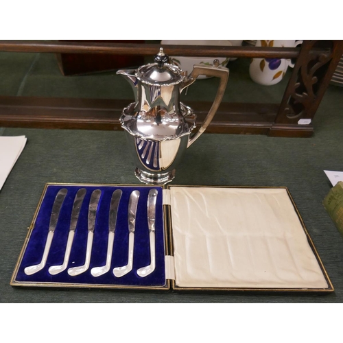 241 - Silver plate water jug together with mother of pearl handled golf themed tea knives