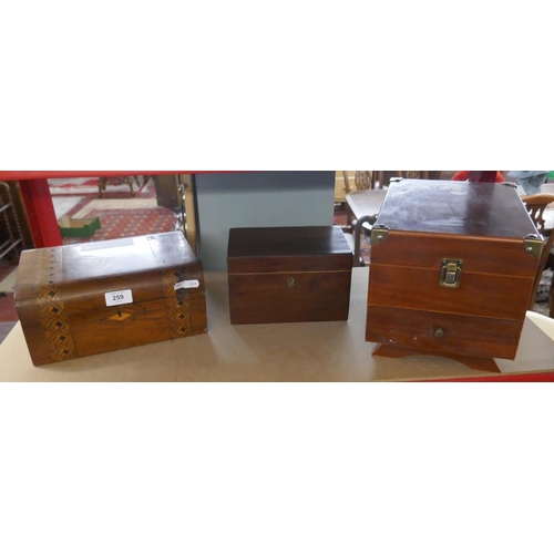 259 - Walnut inlaid workbox, mahogany tea caddy and jewellery box