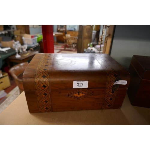 259 - Walnut inlaid workbox, mahogany tea caddy and jewellery box