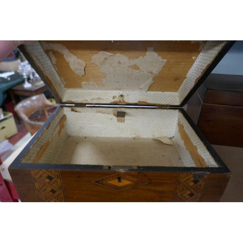 259 - Walnut inlaid workbox, mahogany tea caddy and jewellery box