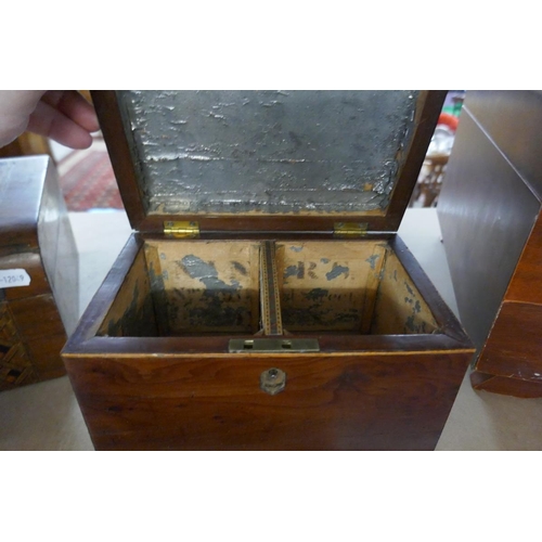 259 - Walnut inlaid workbox, mahogany tea caddy and jewellery box