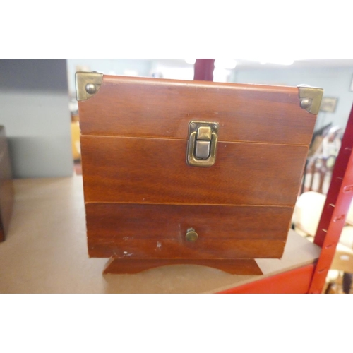 259 - Walnut inlaid workbox, mahogany tea caddy and jewellery box