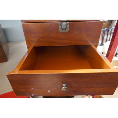 259 - Walnut inlaid workbox, mahogany tea caddy and jewellery box