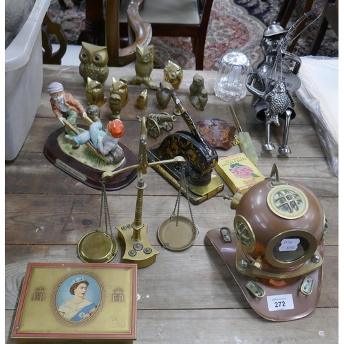 272 - Collectable to include letter press, brass ware and a model divers helmet