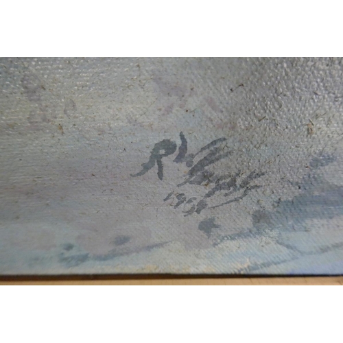 283 - Oil on canvas over board - Depicting De Haviland Mosquito Mk4 signed RW Kinight 1959