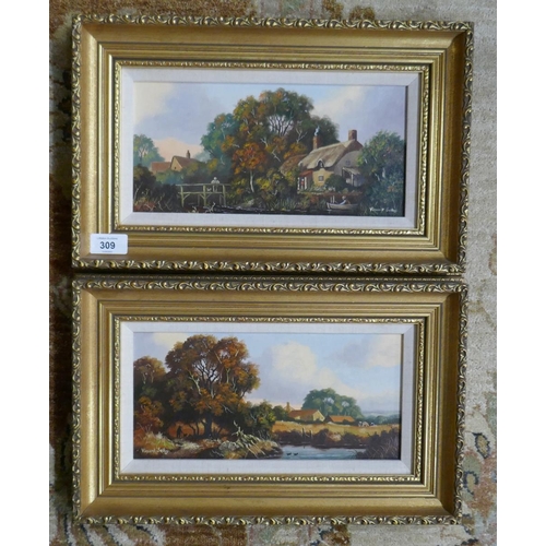 309 - Pair of oils on board rural scenes by Vincent Selby - Approx image sizes: 29cm x 14cm