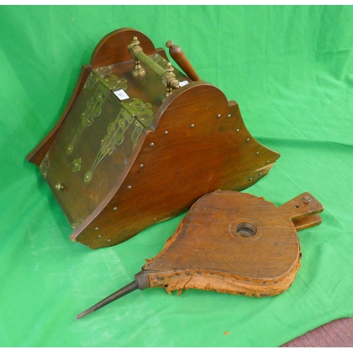 357 - Victorian oak and brass coal skuttle with an oak and brass bellows