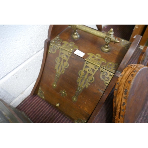 357 - Victorian oak and brass coal skuttle with an oak and brass bellows