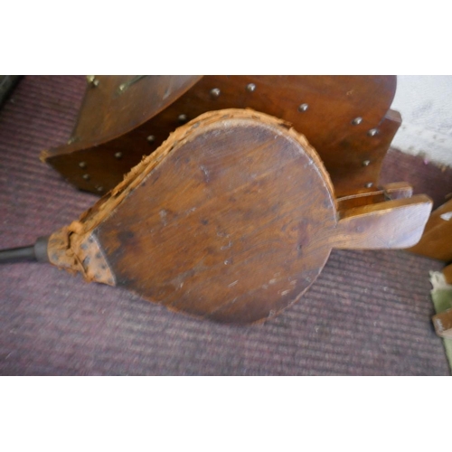 357 - Victorian oak and brass coal skuttle with an oak and brass bellows