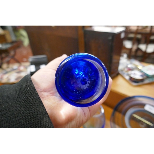 383 - 2 Cathness blue glass vases together with a blue studio glass plate