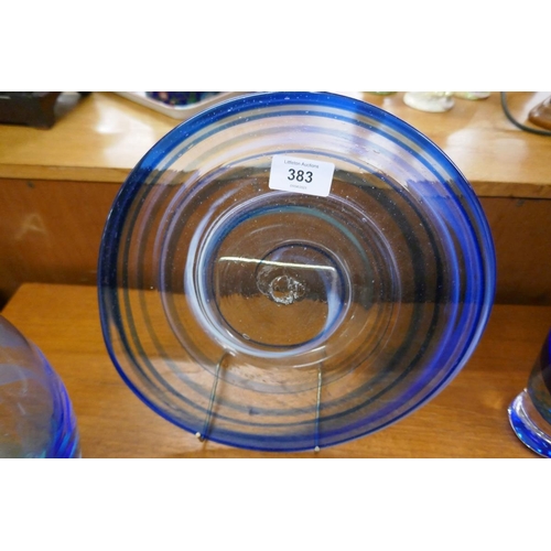 383 - 2 Cathness blue glass vases together with a blue studio glass plate