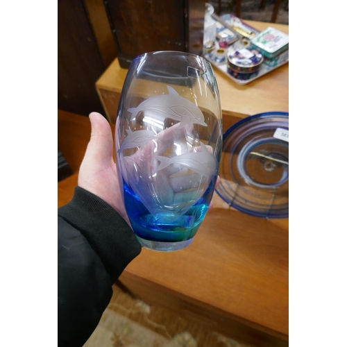 383 - 2 Cathness blue glass vases together with a blue studio glass plate