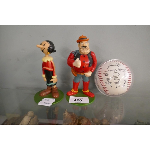 420 - Figures of Desperate Dan & Olive Oil together with a baseball with printed signatures