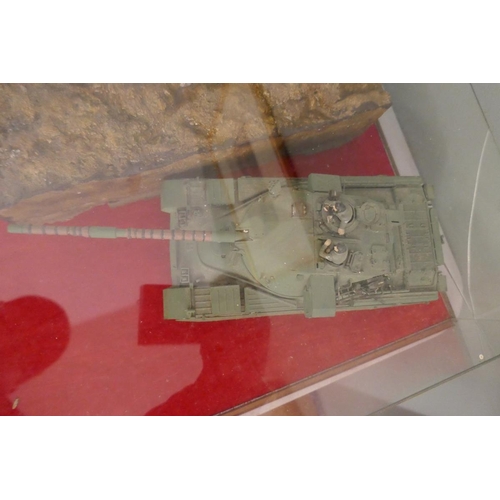 421 - Scale model tank and trench diorama in glass display case