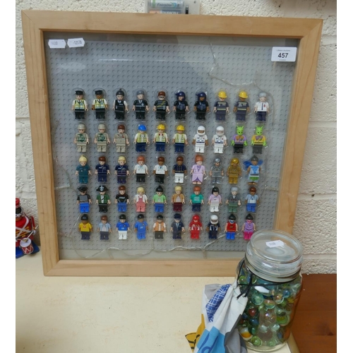 457 - Framed Lego style figures together with approx 175 marbles